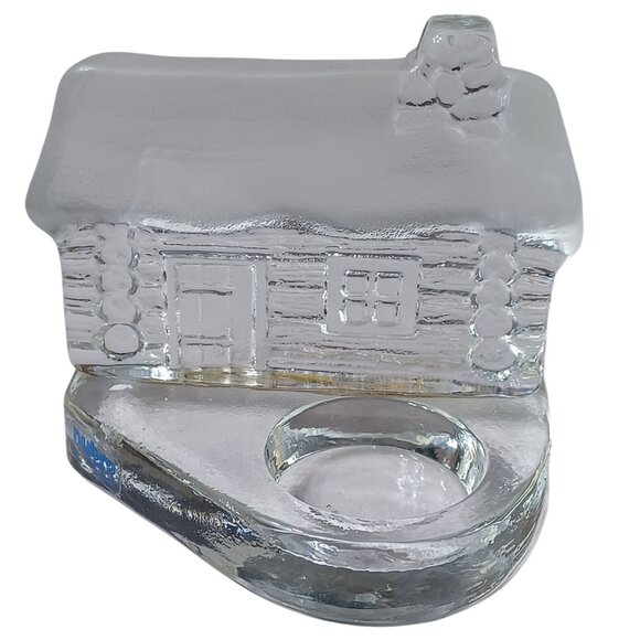 Nybro Sweden Log Cabin Tealight Candle Holder Frosted Winter Design 4x4x3 - Picture 1 of 7